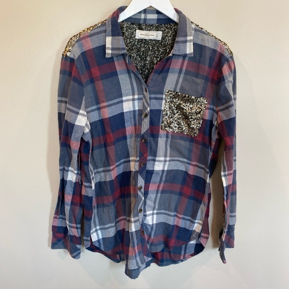 Abercrombie & Fitch Plaid Sequins Button Down Long Sleeve Womens Medium - Picture 1 of 6